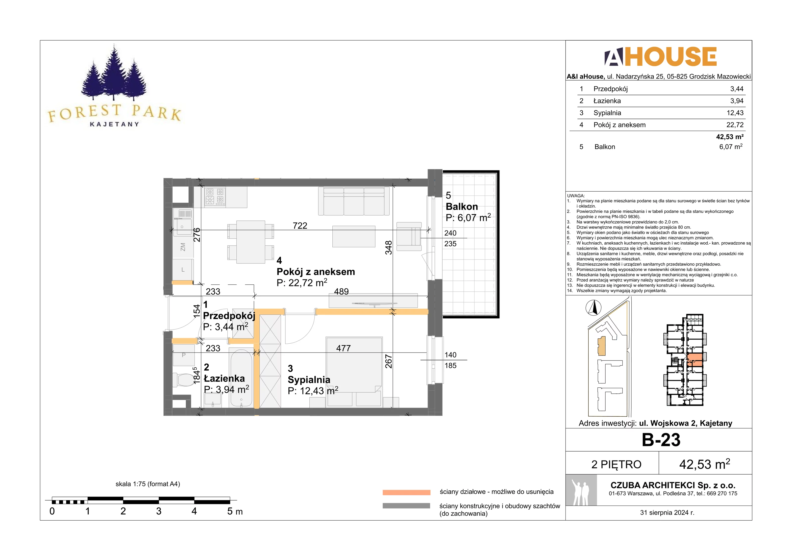 2 pokoje, mieszkanie 42,53 m², piętro 2, oferta nr B-23, Forest Park Kajetany, Kajetany, ul. Wojskowa 2